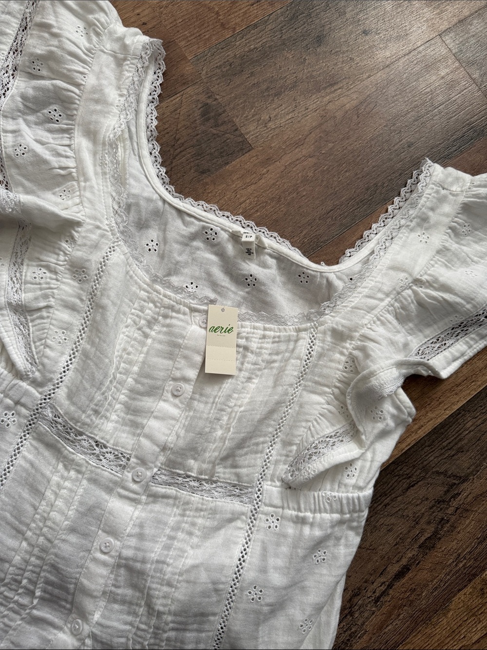 aerie White Eyelet Lace-Trim Button Front Blouse Size Small - Picture 2 of 3